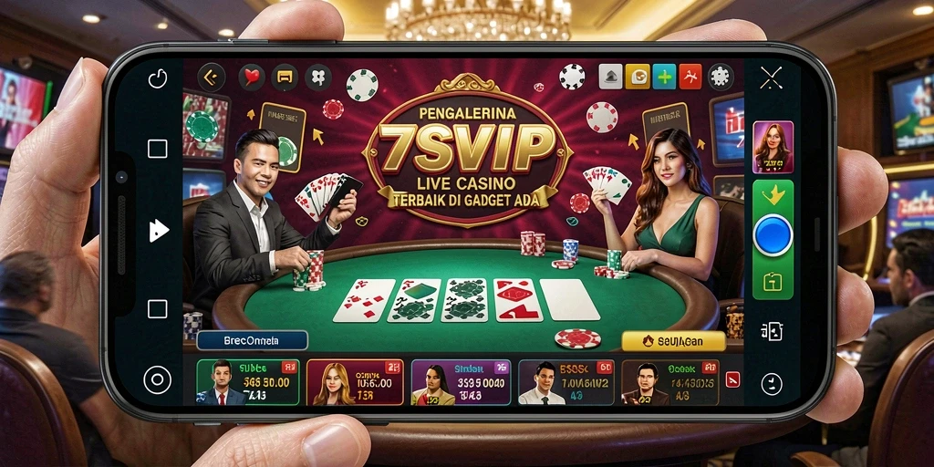 Screenshot gameplay 7SVIP dengan dealer profesional dan suasana kasino yang nyata.