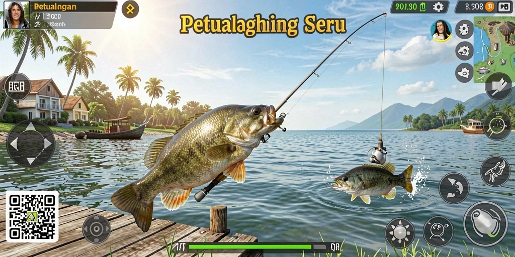 Tampilan gameplay 8QR yang menarik saat memancing ikan besar.