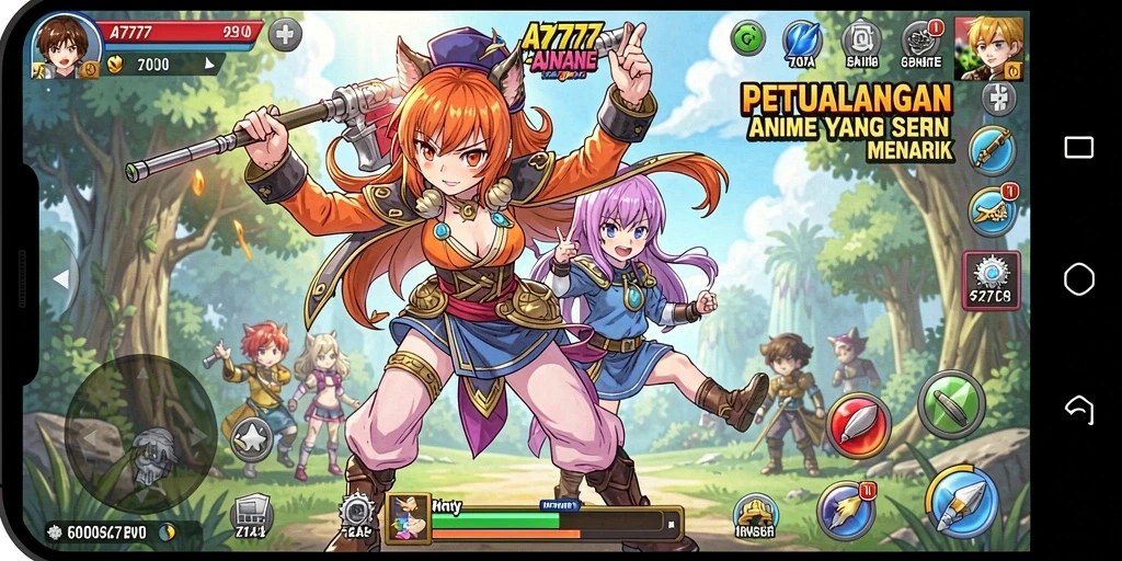 Screenshot gameplay A7777 menampilkan aksi seru karakter Anime.