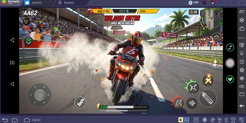 Screenshot gameplay AA62 menampilkan balapan motor yang mendebarkan.