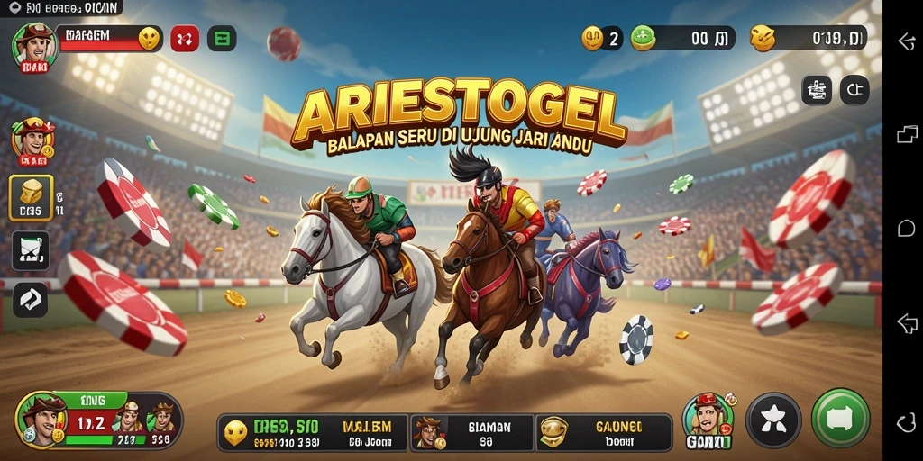 Screenshot utama ARIESTOGEL menampilkan balapan seru di berbagai lintasan.