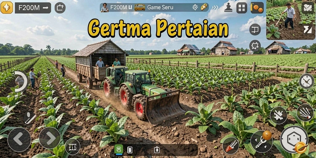 Gameplay seru F200M dengan aktivitas bertani yang menarik.