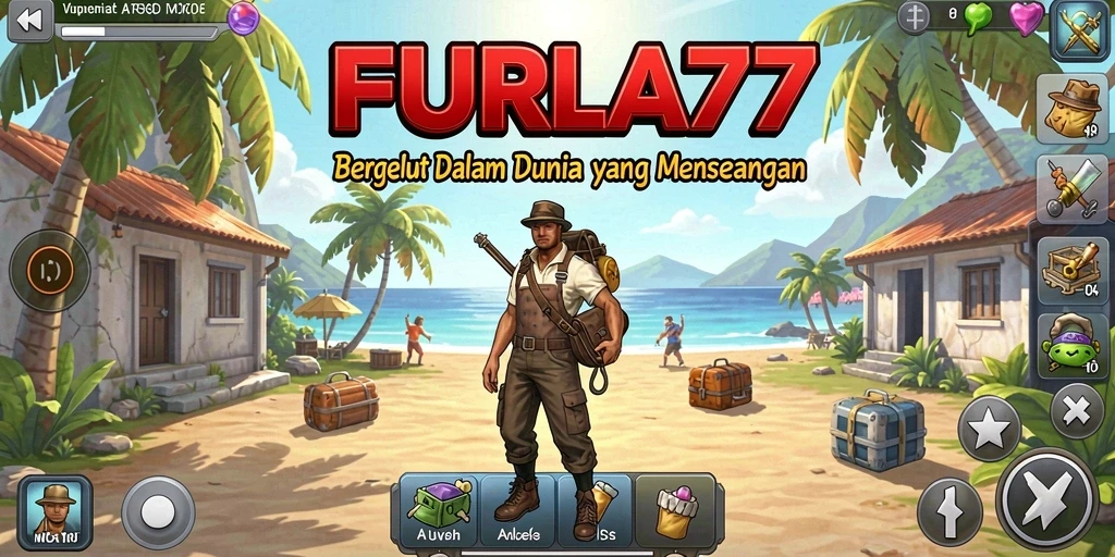 Screenshot gameplay FURLA77 menampilkan karakter dan sumber daya yang sedang dikumpulkan.
