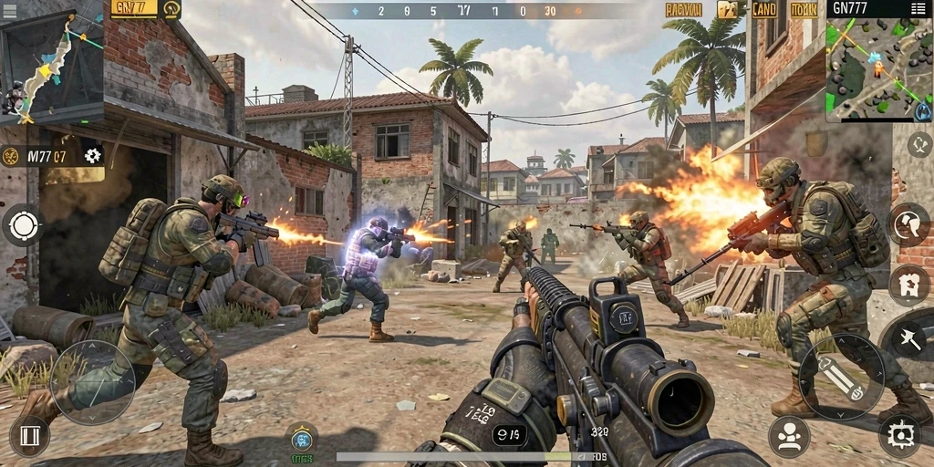Screenshot gameplay GN777 menunjukkan aksi intens pertempuran FPS.