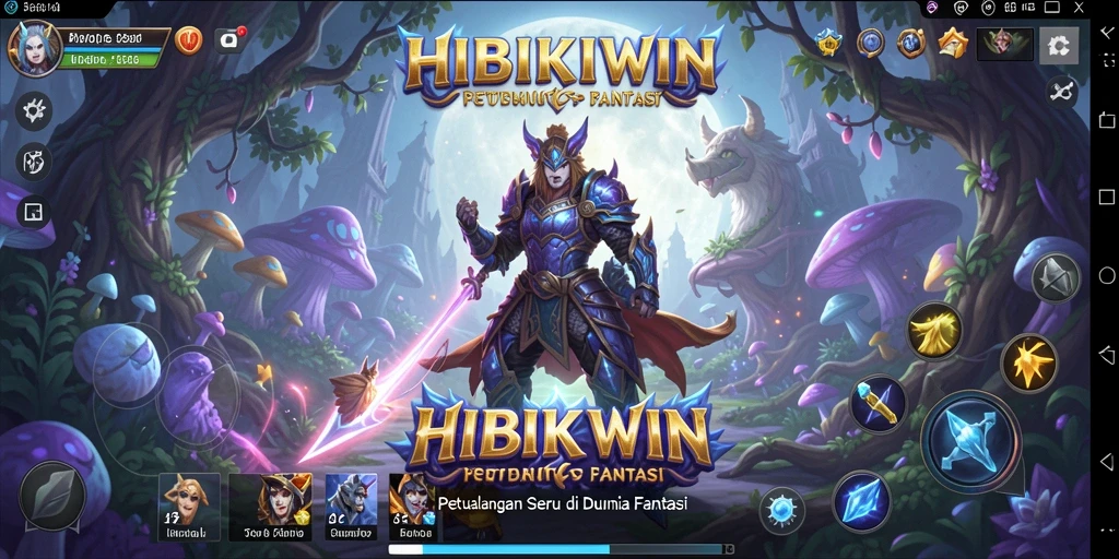 Tangkapan layar gameplay HIBIKIWIN menampilkan karakter utama di tengah hutan fantasi.