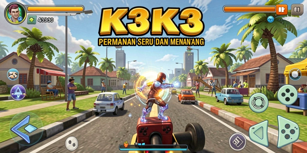 Tampilan gameplay seru K3K3 dengan suasana arcade yang menjanjikan.