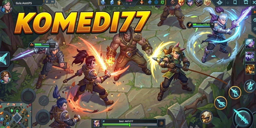 Screenshot gameplay KOMEDI77 menampilkan pertarungan seru dengan karakter lucu.