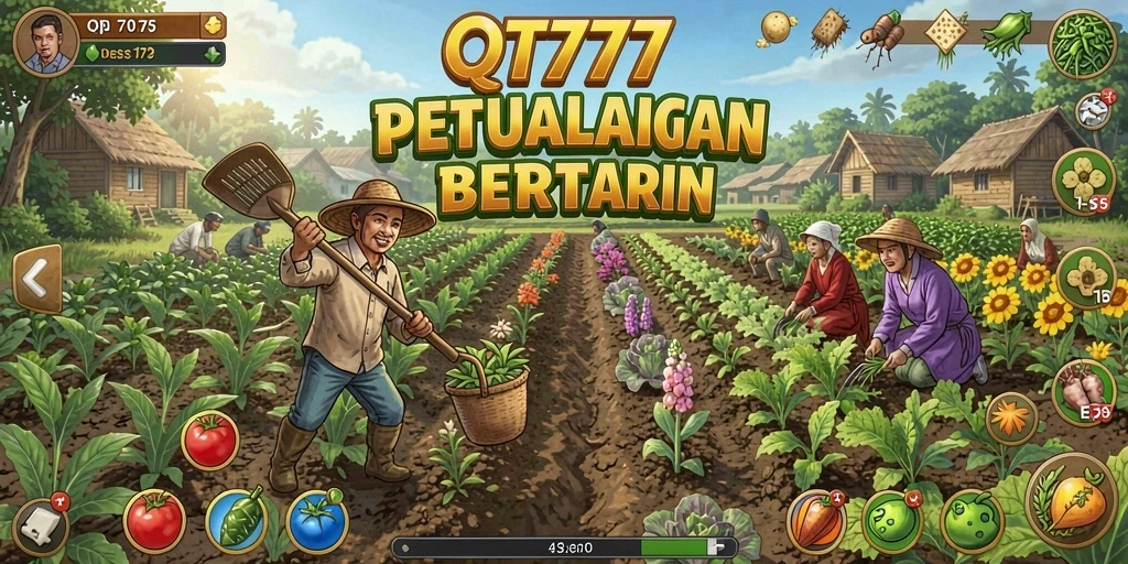 Gameplay QT777 menunjukkan petani yang sibuk mengelola lahan pertanian.
