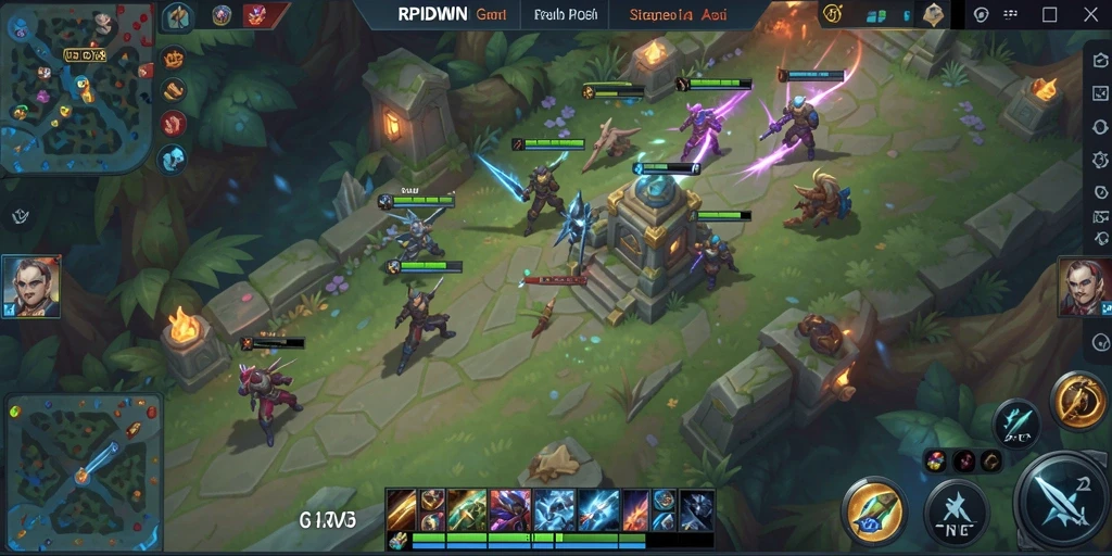 Screenshot gameplay RPIDWIN yang menunjukkan pertarungan hero-hero epik.