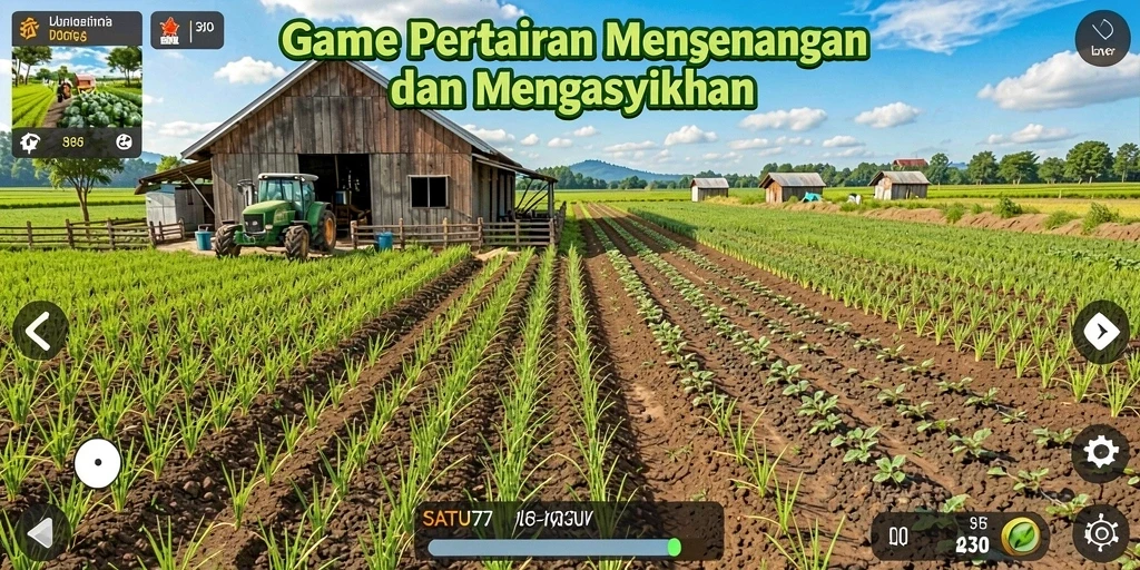 Screenshot gameplay SATU77 menampilkan lahan pertanian yang subur dengan tanaman dan hewan.