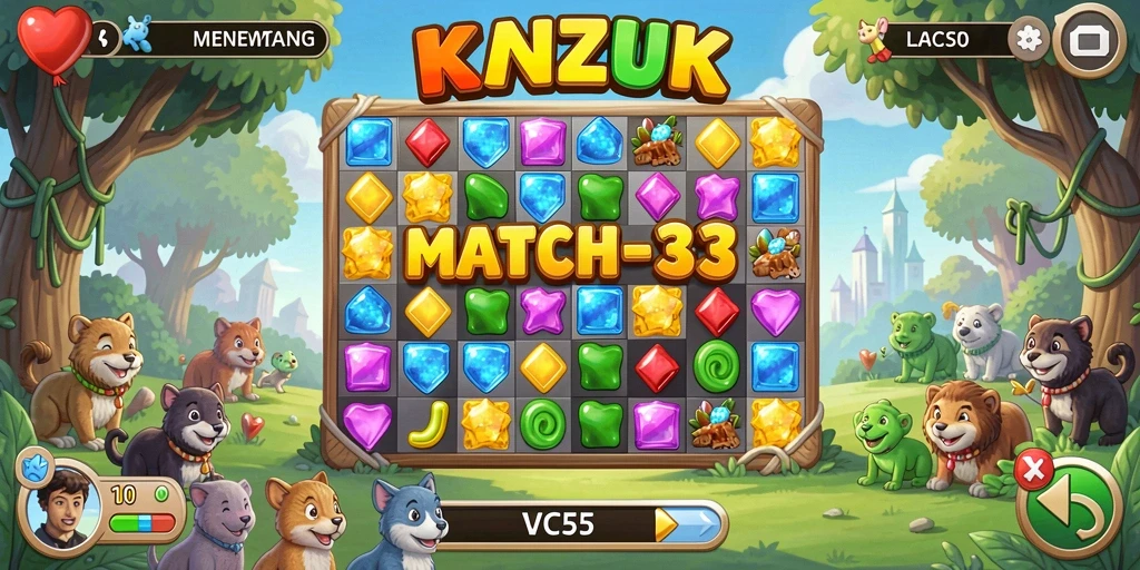 Tampilan gameplay seru dengan kombinasi permata berwarna-warni.