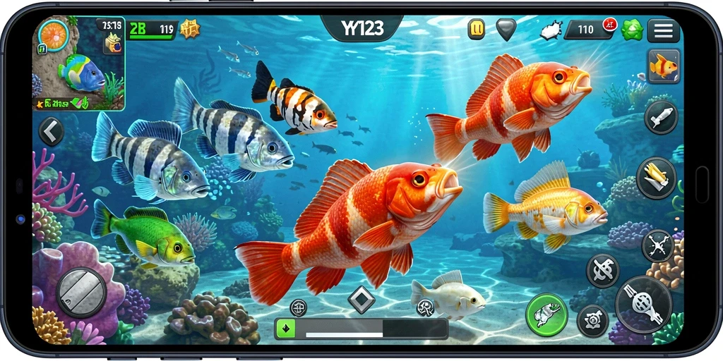 Tampilan gameplay YY123 dengan aksi menembak ikan yang seru.